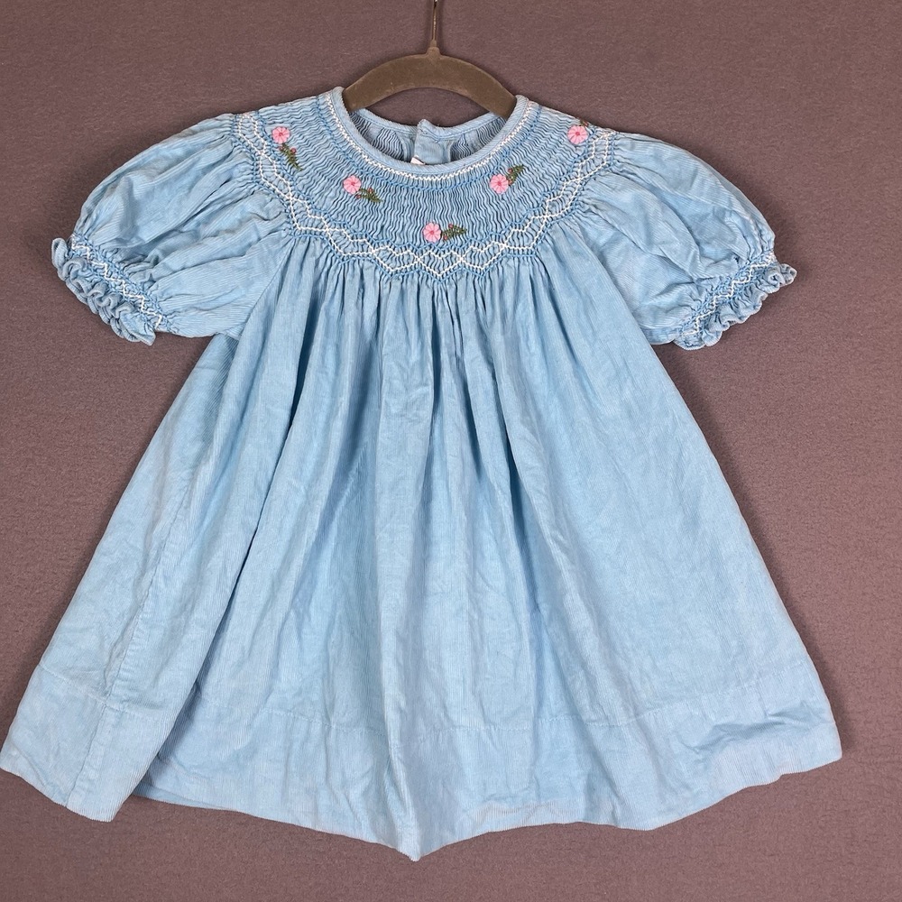 Mom & Me Smocked Dress Blue 3T Pearls Ruffle Sleeve Ric Rac